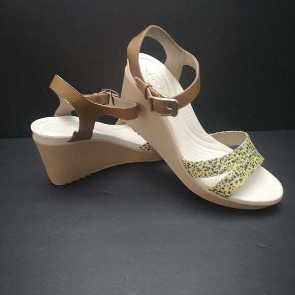 Crocs Dual Comfort Ladies Size 9 Purple Lime Yellow White Wedge Heel Sandals - Picture 1 of 9